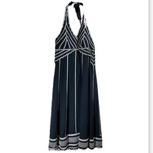 Eliza J Black and Silver Halter Chiffon Embroidered Overlay Straight Midi Dress